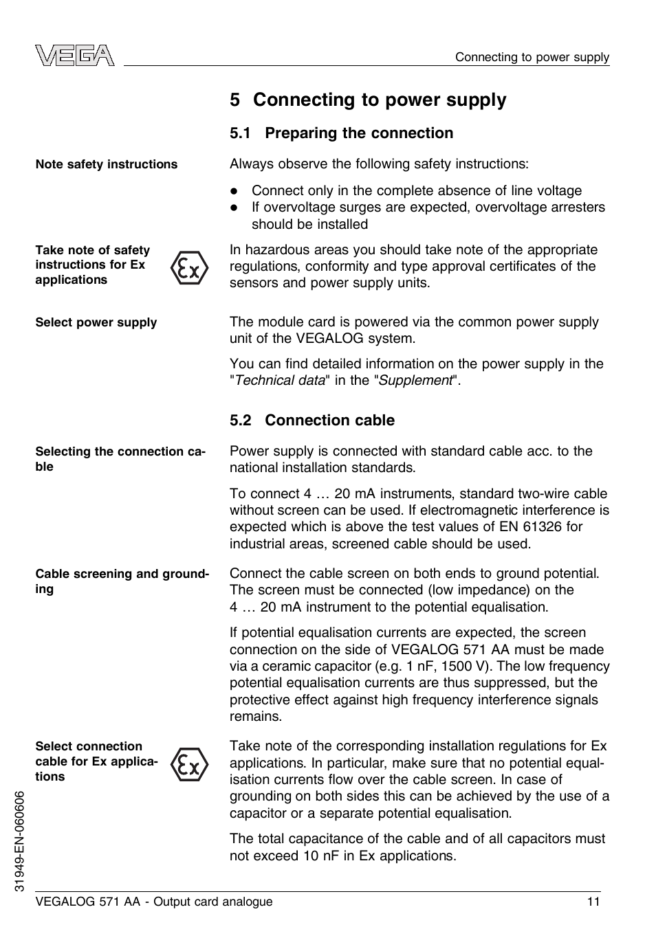 5 connecting to power supply, 1 preparing the connection, 2 connection cable | VEGA VEGALOG 571 AA User Manual | Page 11 / 20