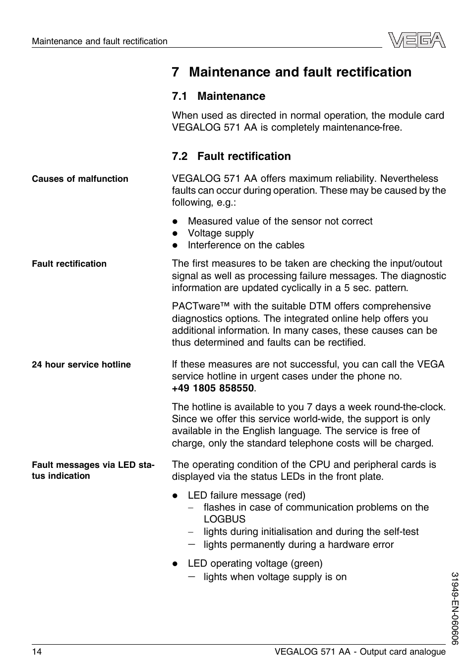 7 maintenance and fault rectification, 1 maintenance, 2 fault rectification | 7 maintenance and fault rectiﬁcation | VEGA VEGALOG 571 AA User Manual | Page 14 / 20