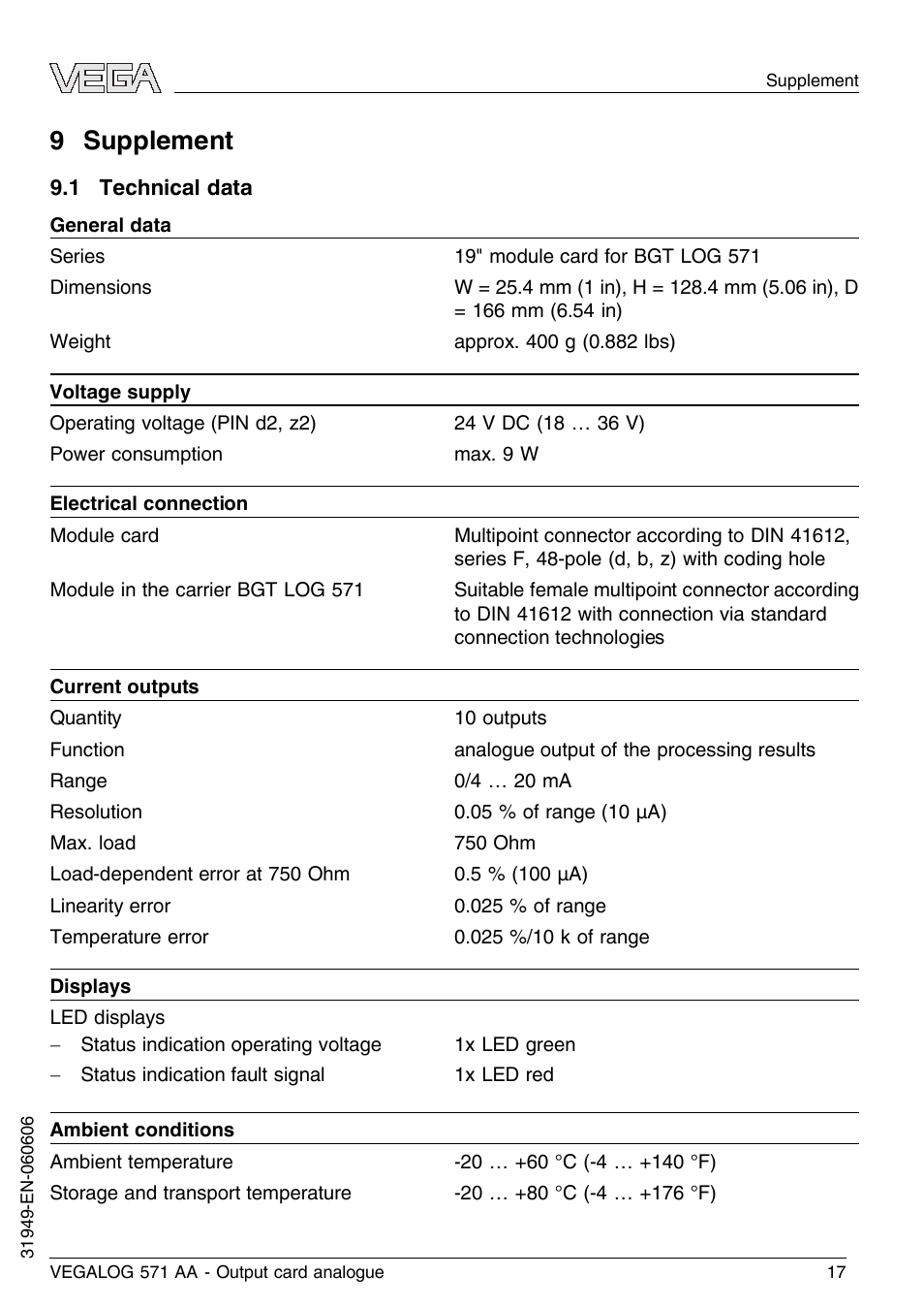 9 supplement, 1 technical data | VEGA VEGALOG 571 AA User Manual | Page 17 / 20