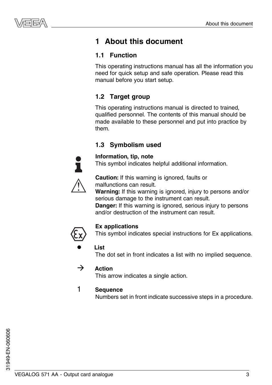 1 about this document, 1 function, 2 target group | 3 symbolism used | VEGA VEGALOG 571 AA User Manual | Page 3 / 20