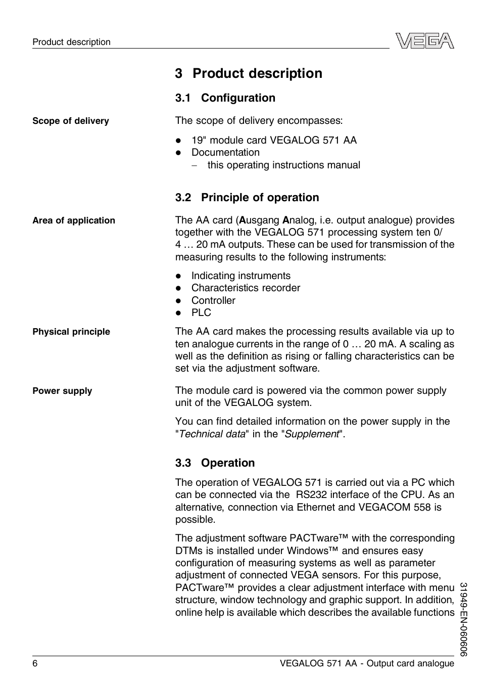 3 product description, 1 configuration, 2 principle of operation | 3 operation | VEGA VEGALOG 571 AA User Manual | Page 6 / 20