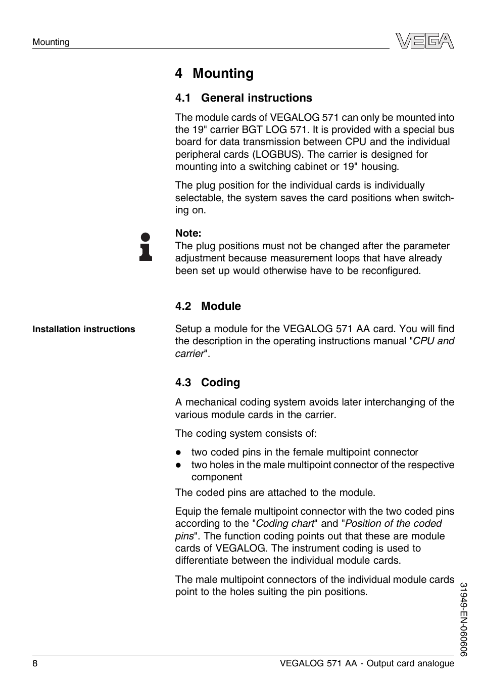 4 mounting, 1 general instructions, 2 module | 3 coding | VEGA VEGALOG 571 AA User Manual | Page 8 / 20