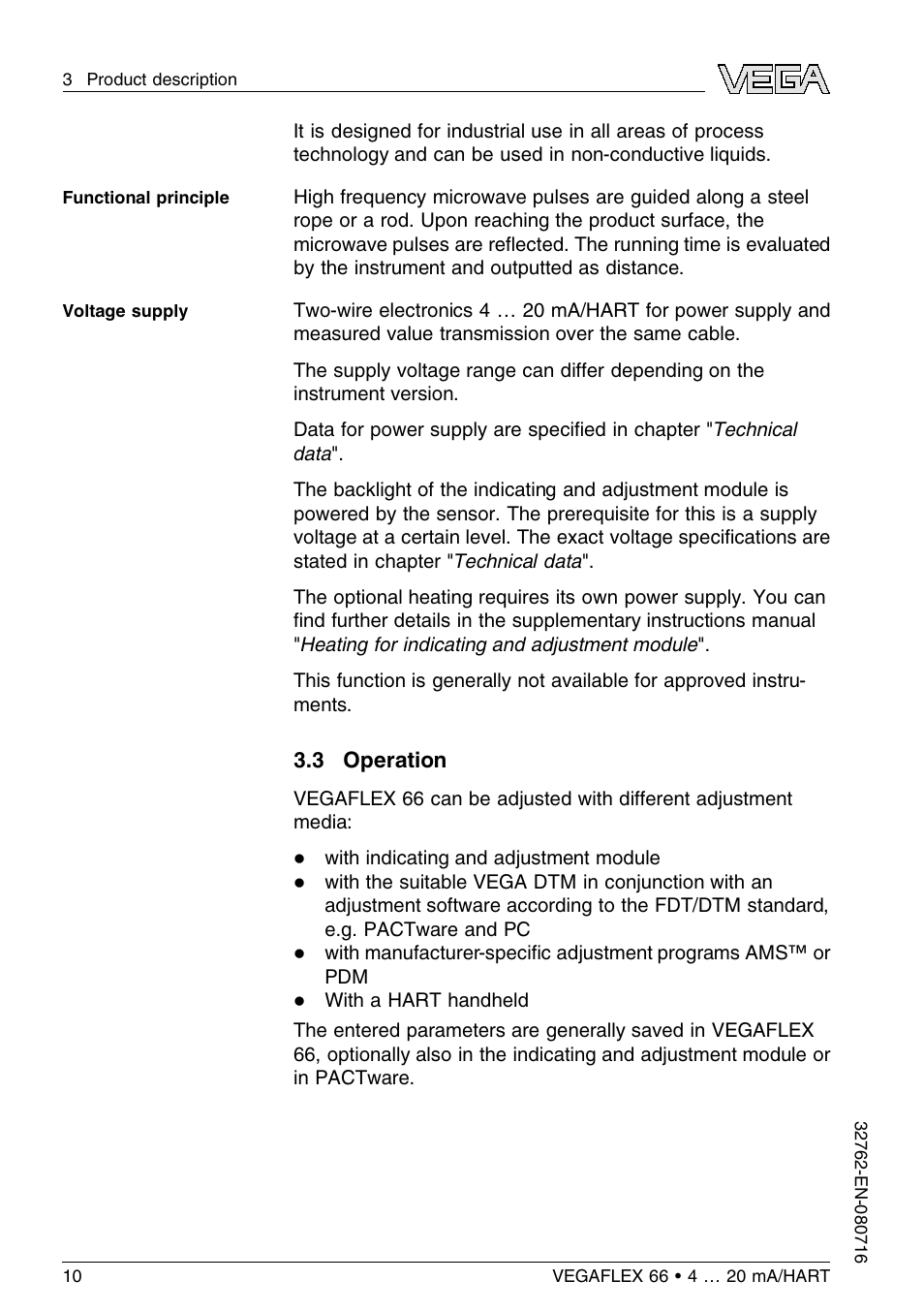 3 operation | VEGA VEGAFLEX 66 (-110…+400°C) 4 … 20 mA_HART User Manual | Page 10 / 64