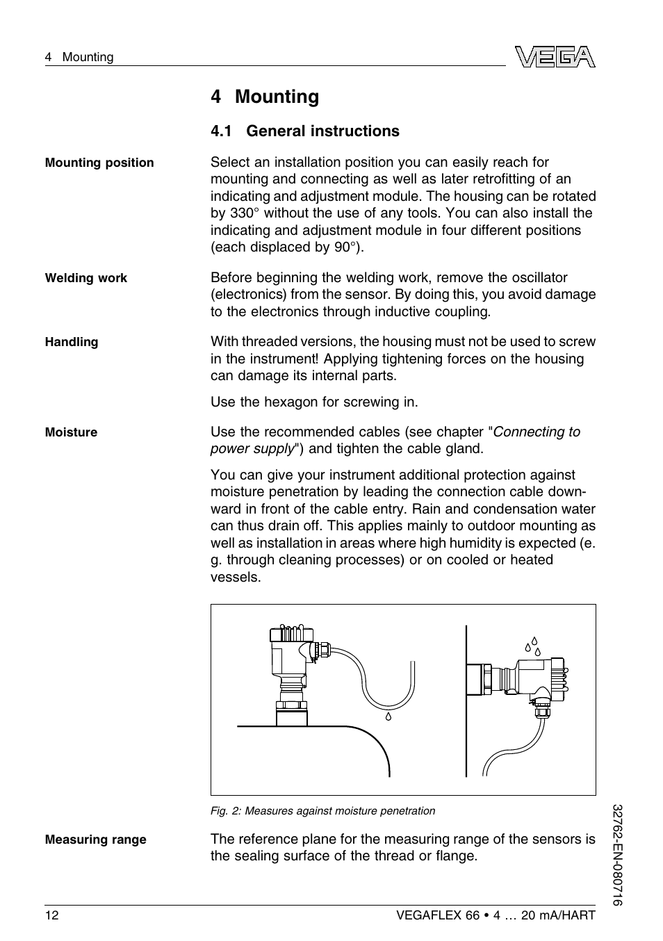 4 mounting, 1 general instructions | VEGA VEGAFLEX 66 (-110…+400°C) 4 … 20 mA_HART User Manual | Page 12 / 64