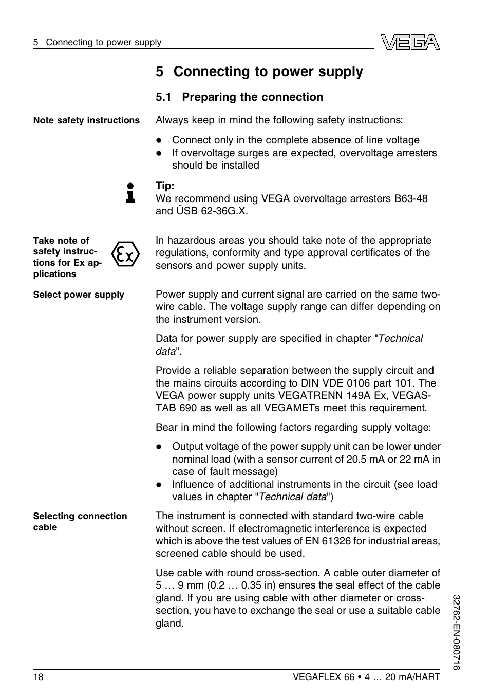 5 connecting to power supply, 1 preparing the connection | VEGA VEGAFLEX 66 (-110…+400°C) 4 … 20 mA_HART User Manual | Page 18 / 64