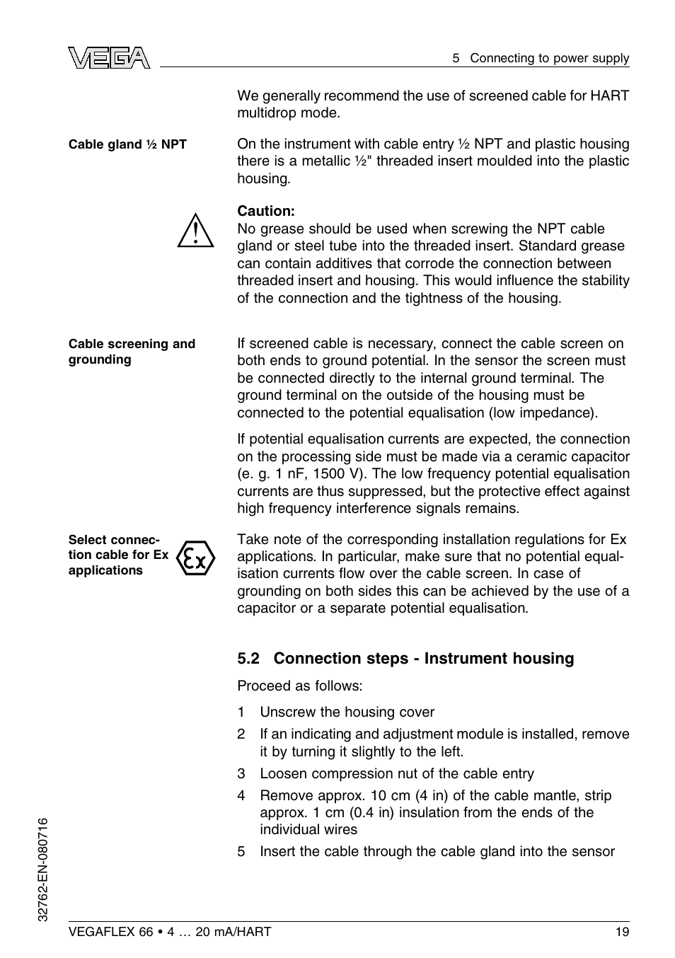2 connection steps – instrument housing | VEGA VEGAFLEX 66 (-110…+400°C) 4 … 20 mA_HART User Manual | Page 19 / 64