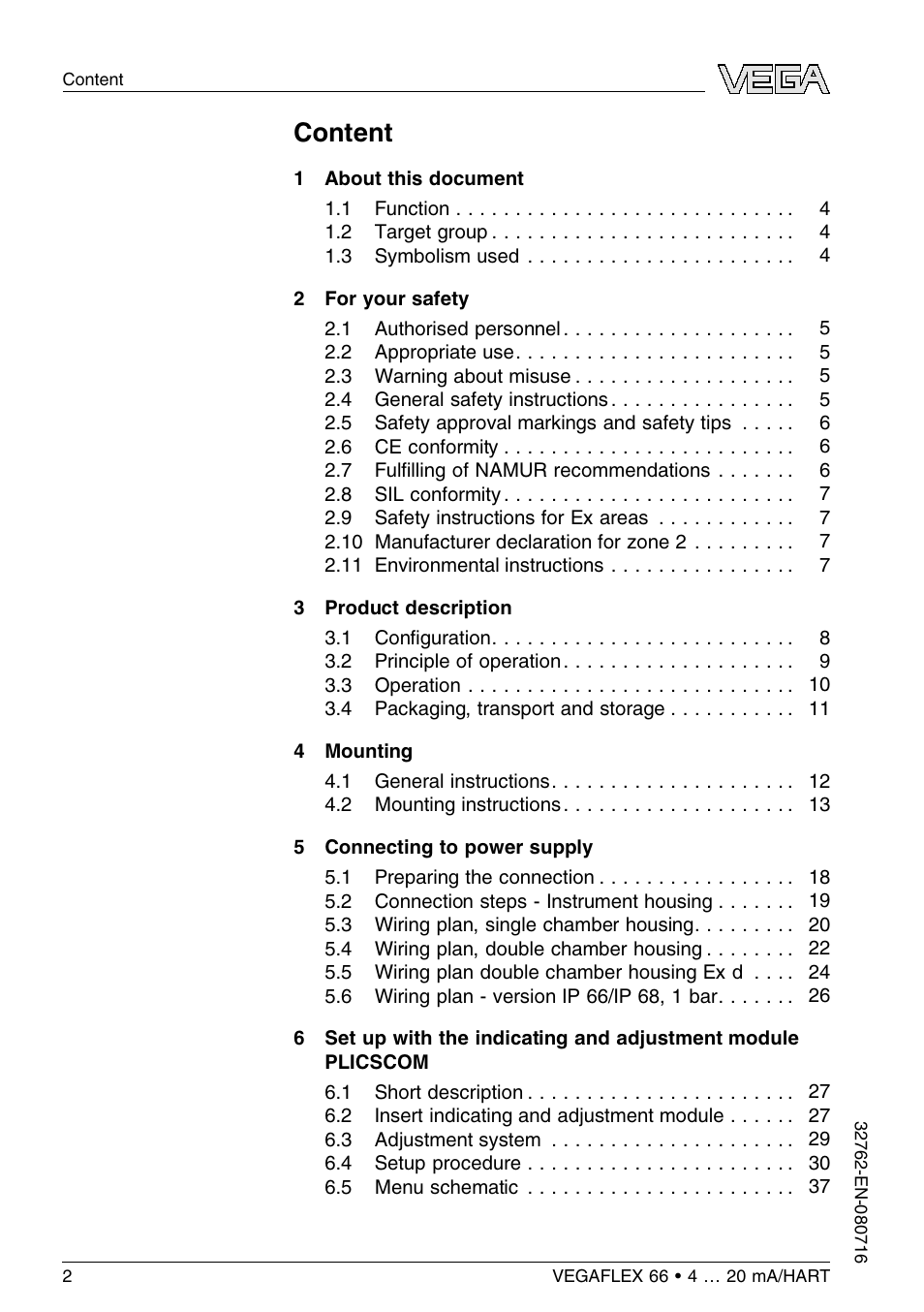 Content | VEGA VEGAFLEX 66 (-110…+400°C) 4 … 20 mA_HART User Manual | Page 2 / 64