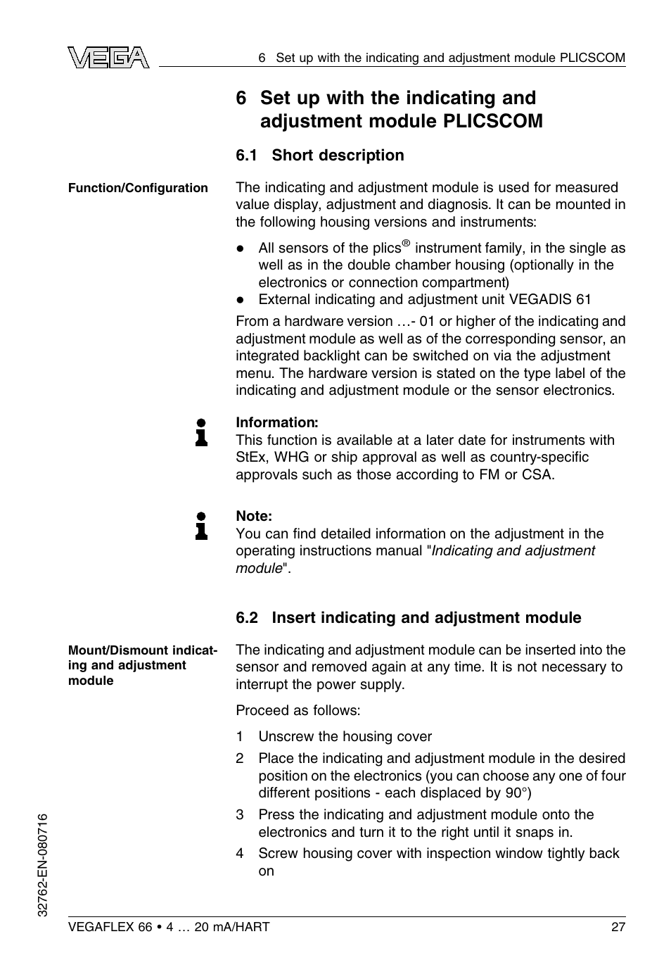 1 short description, 2 insert indicating and adjustment module | VEGA VEGAFLEX 66 (-110…+400°C) 4 … 20 mA_HART User Manual | Page 27 / 64