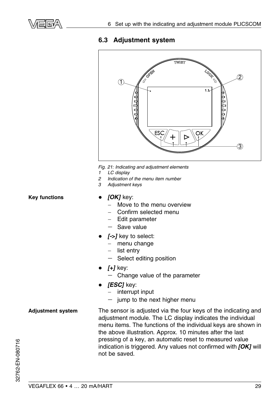 3 adjustment system | VEGA VEGAFLEX 66 (-110…+400°C) 4 … 20 mA_HART User Manual | Page 29 / 64