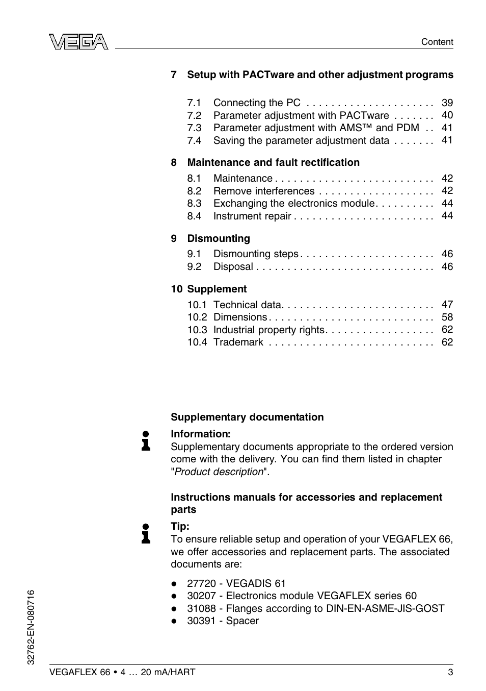 VEGA VEGAFLEX 66 (-110…+400°C) 4 … 20 mA_HART User Manual | Page 3 / 64