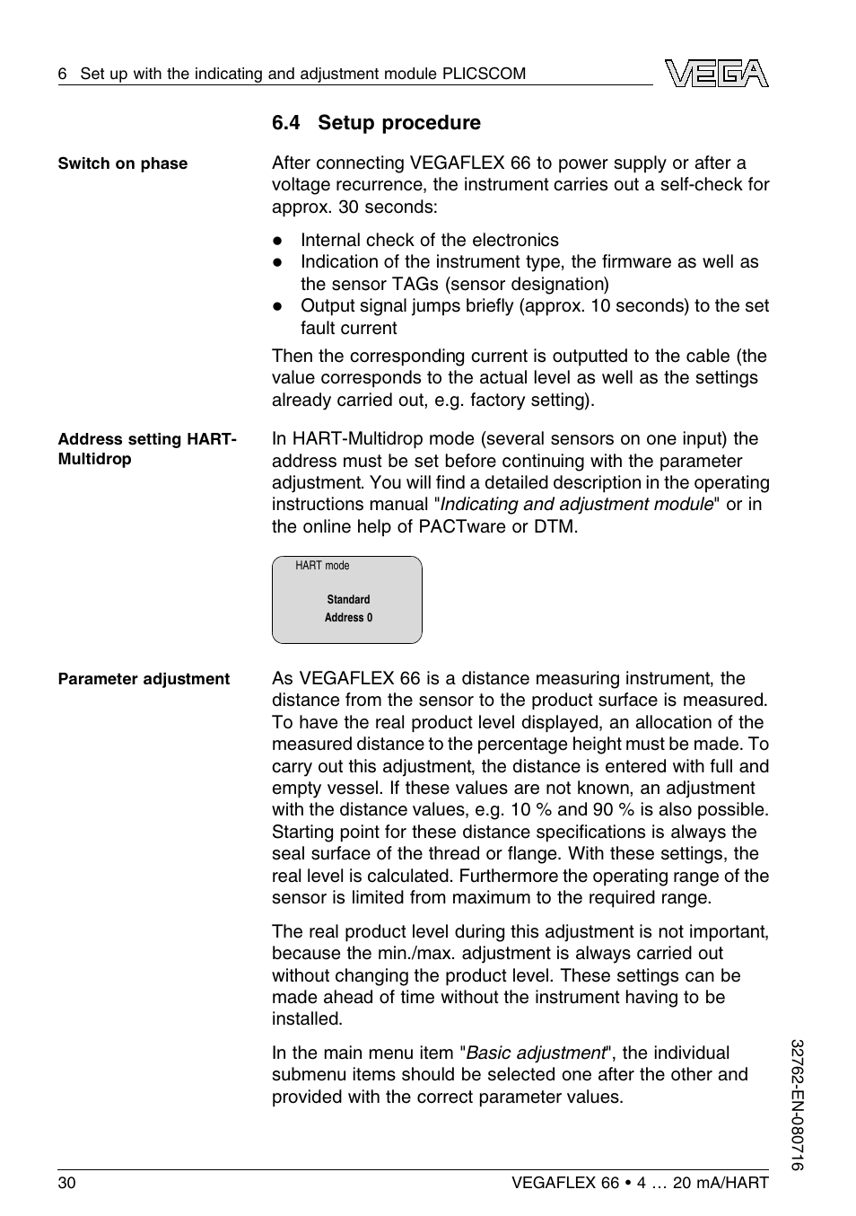4 setup procedure | VEGA VEGAFLEX 66 (-110…+400°C) 4 … 20 mA_HART User Manual | Page 30 / 64
