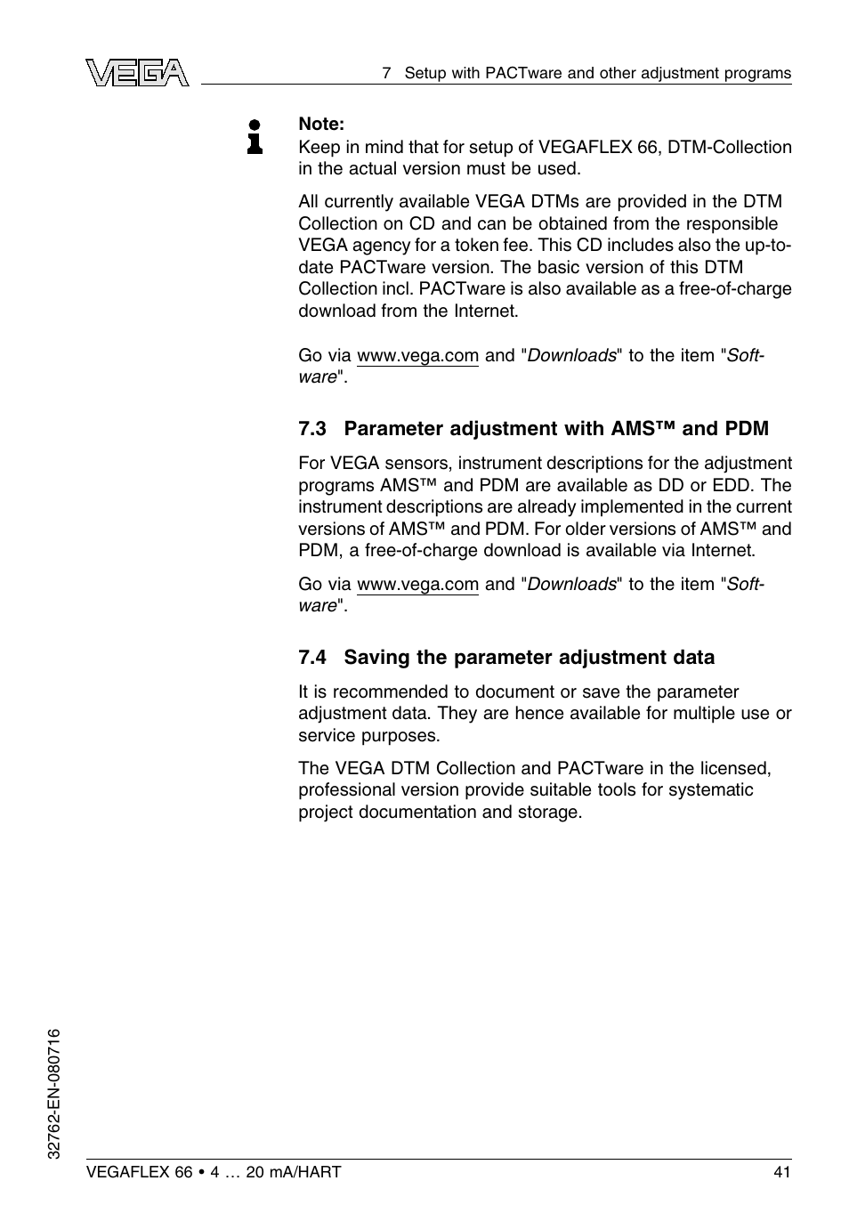 3 parameter adjustment with ams™ and pdm, 4 saving the parameter adjustment data | VEGA VEGAFLEX 66 (-110…+400°C) 4 … 20 mA_HART User Manual | Page 41 / 64