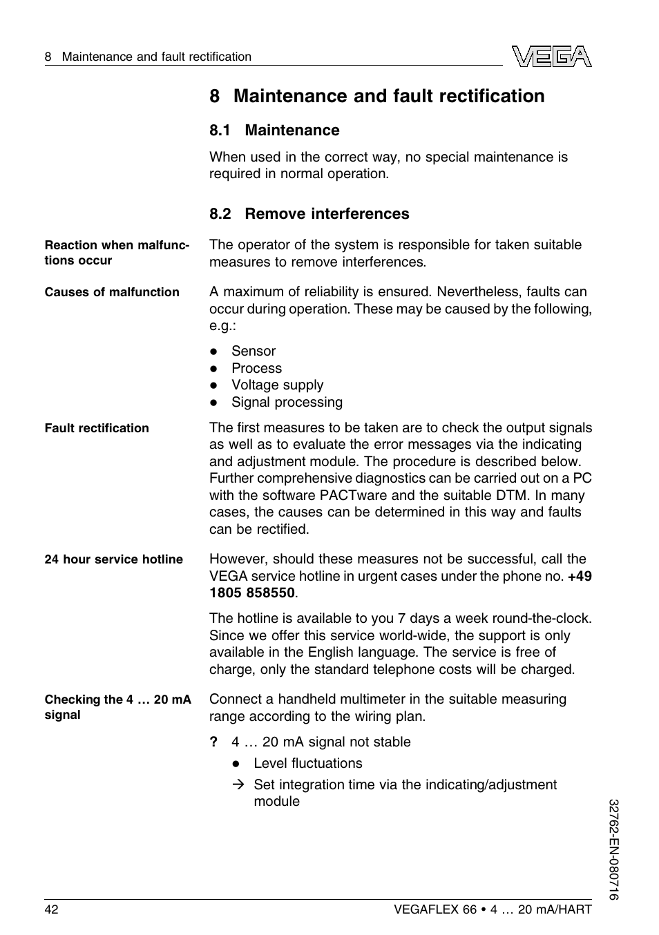 8 maintenance and fault rectification, 1 maintenance, 2 remove interferences | 8 maintenance and fault rectiﬁcation | VEGA VEGAFLEX 66 (-110…+400°C) 4 … 20 mA_HART User Manual | Page 42 / 64