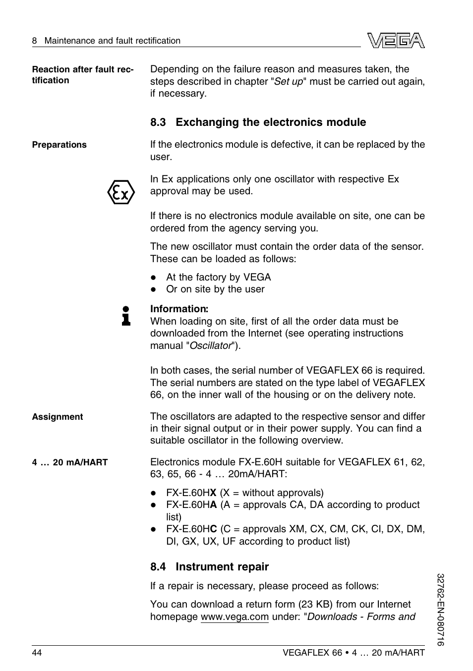 3 exchanging the electronics module, 4 instrument repair | VEGA VEGAFLEX 66 (-110…+400°C) 4 … 20 mA_HART User Manual | Page 44 / 64