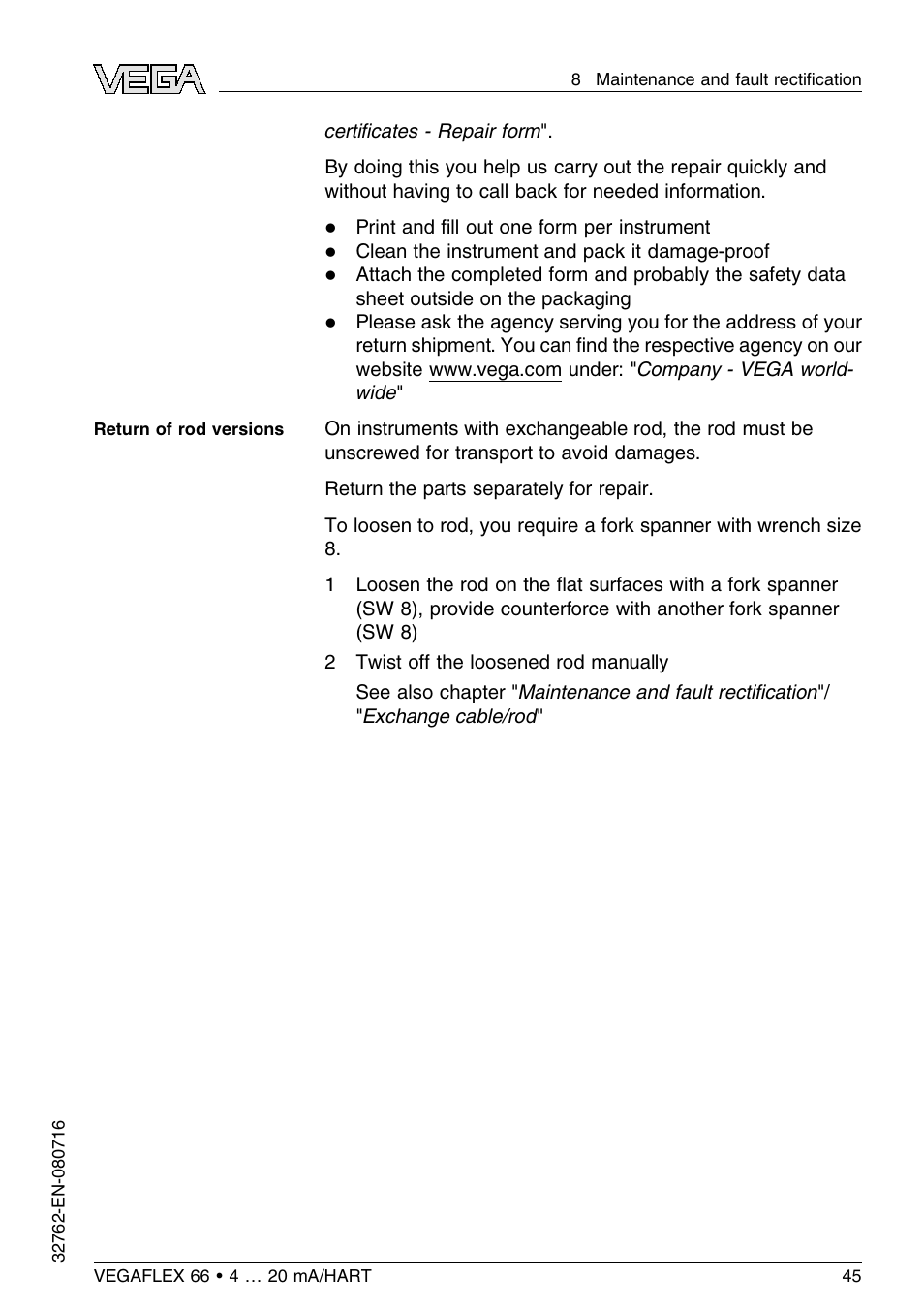 VEGA VEGAFLEX 66 (-110…+400°C) 4 … 20 mA_HART User Manual | Page 45 / 64