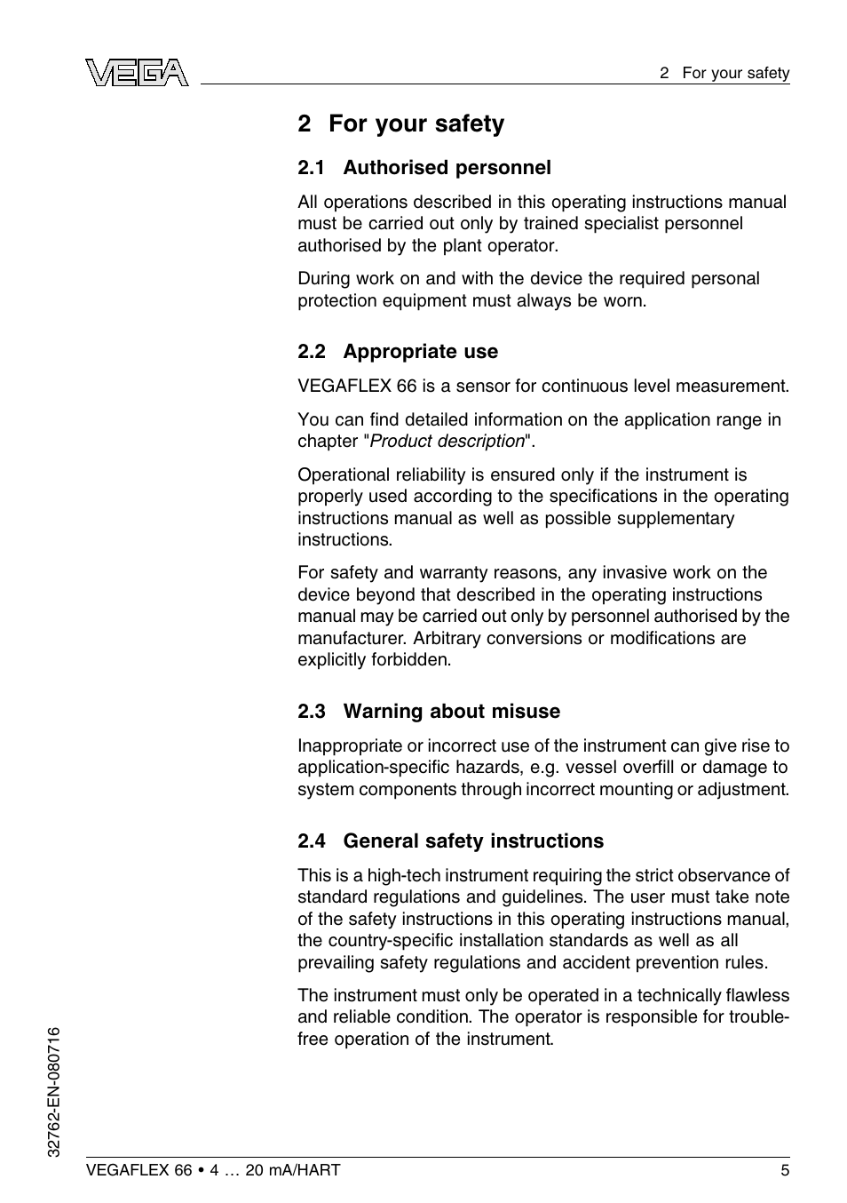 2 for your safety, 1 authorised personnel, 2 appropriate use | 3 warning about misuse, 4 general safety instructions | VEGA VEGAFLEX 66 (-110…+400°C) 4 … 20 mA_HART User Manual | Page 5 / 64