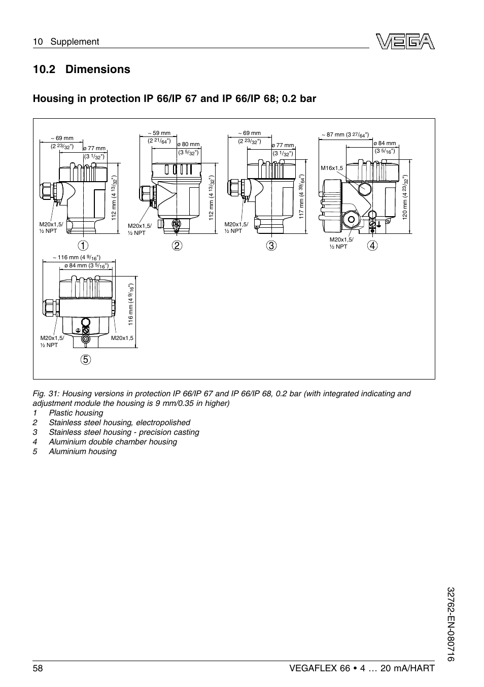 2 dimensions | VEGA VEGAFLEX 66 (-110…+400°C) 4 … 20 mA_HART User Manual | Page 58 / 64