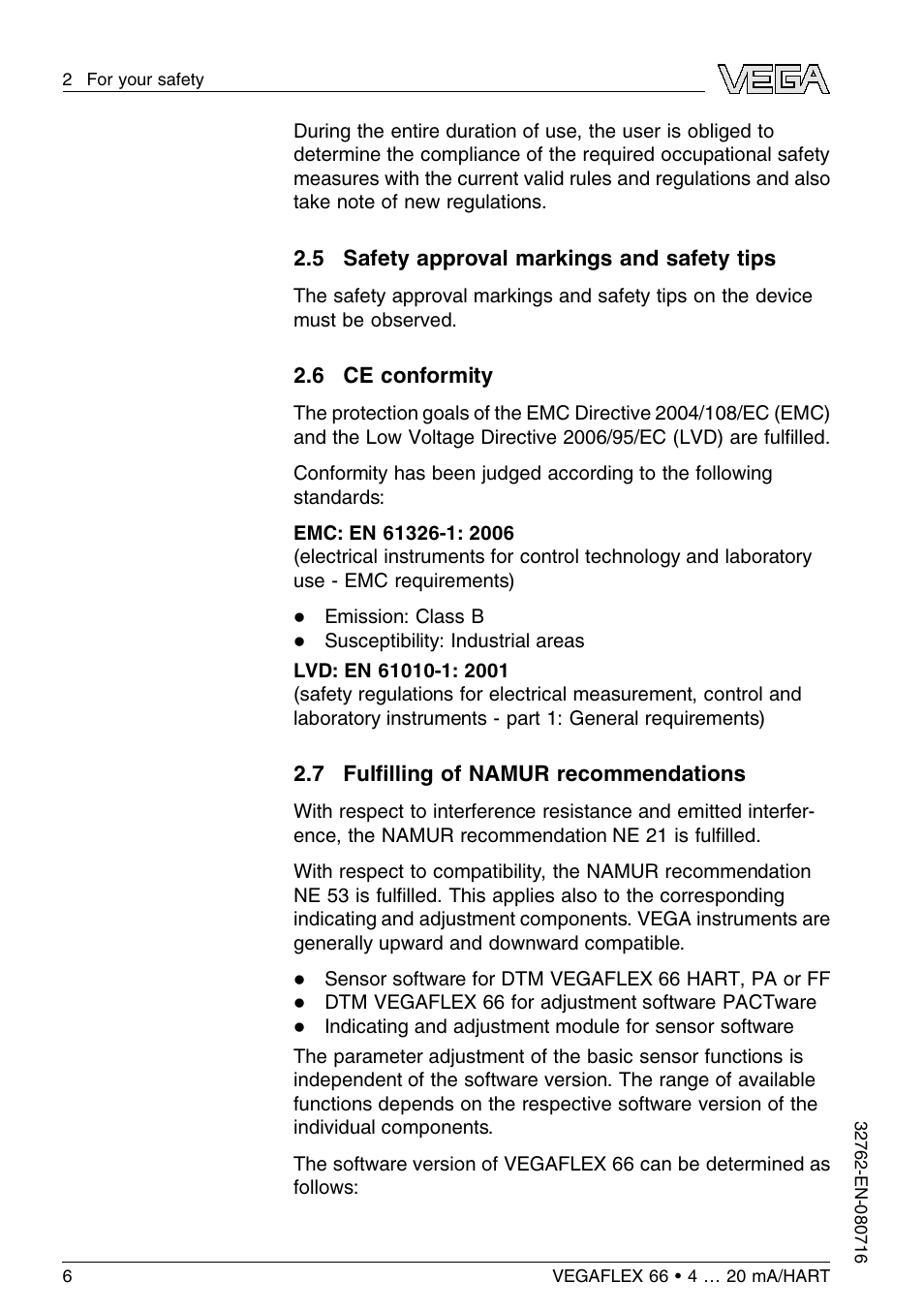 5 safety approval markings and safety tips, 6 ce conformity, 7 fulfilling of namur recommendations | VEGA VEGAFLEX 66 (-110…+400°C) 4 … 20 mA_HART User Manual | Page 6 / 64