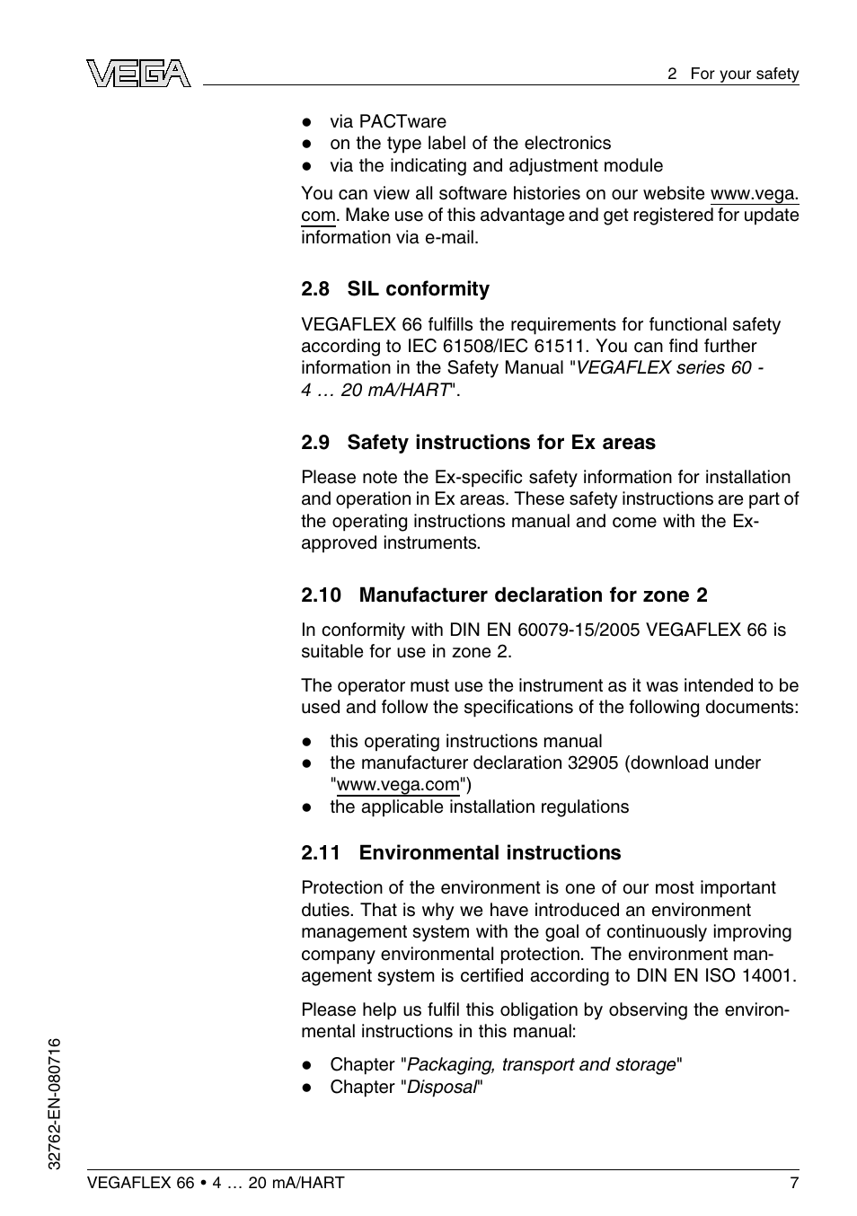 8 sil conformity, 9 safety instructions for ex areas, 10 manufacturer declaration for zone 2 | 11 environmental instructions | VEGA VEGAFLEX 66 (-110…+400°C) 4 … 20 mA_HART User Manual | Page 7 / 64