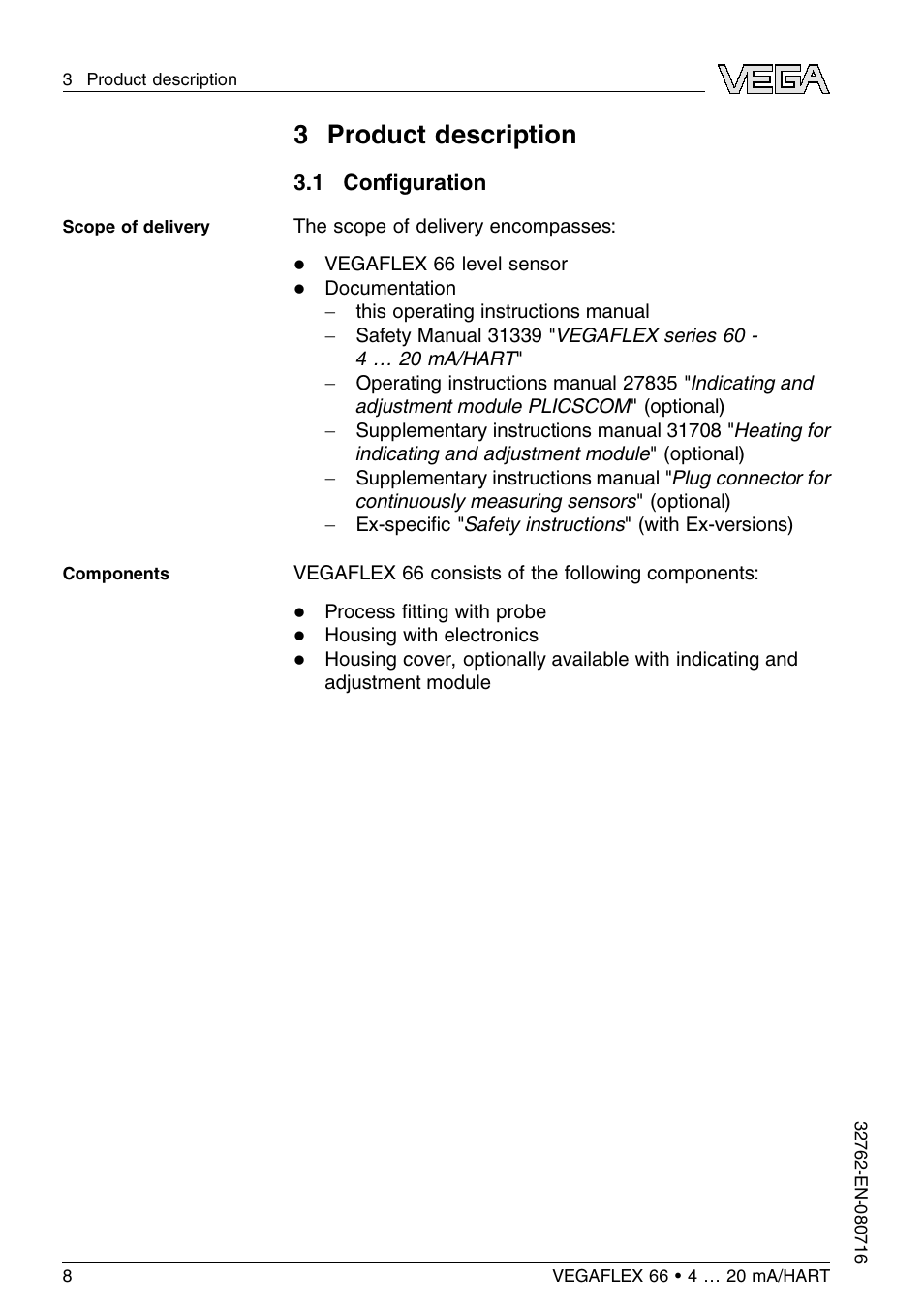 3 product description, 1 configuration | VEGA VEGAFLEX 66 (-110…+400°C) 4 … 20 mA_HART User Manual | Page 8 / 64