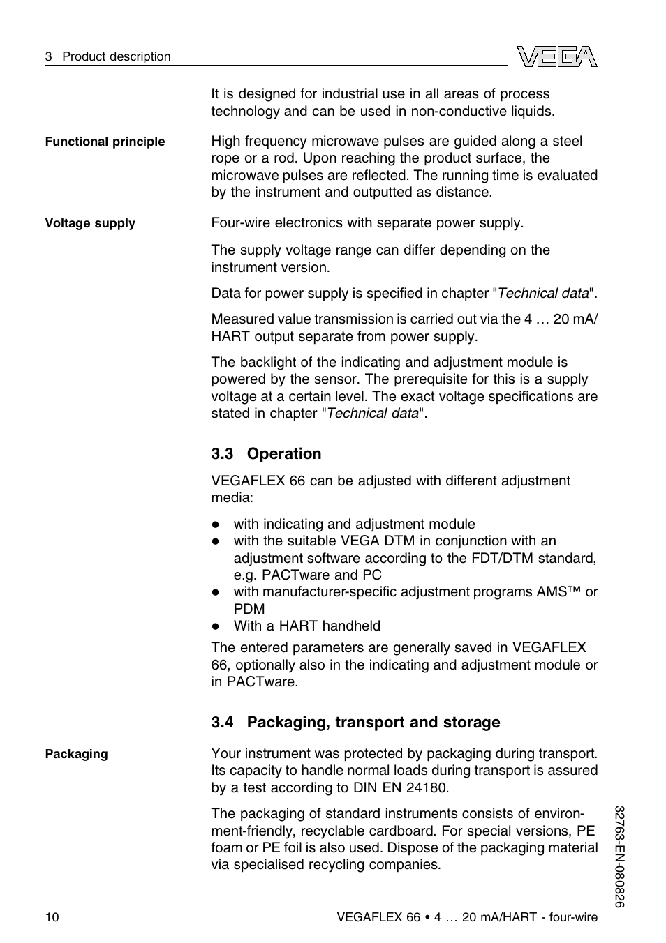 3 operation, 4 packaging, transport and storage | VEGA VEGAFLEX 66 (-110…+400°C) 4 … 20 mA_HART - four-wire User Manual | Page 10 / 56