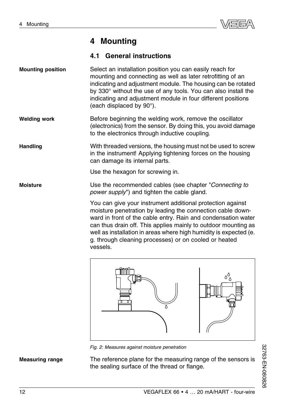 4 mounting, 1 general instructions | VEGA VEGAFLEX 66 (-110…+400°C) 4 … 20 mA_HART - four-wire User Manual | Page 12 / 56