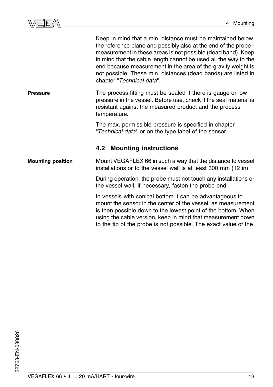 2 mounting instructions | VEGA VEGAFLEX 66 (-110…+400°C) 4 … 20 mA_HART - four-wire User Manual | Page 13 / 56