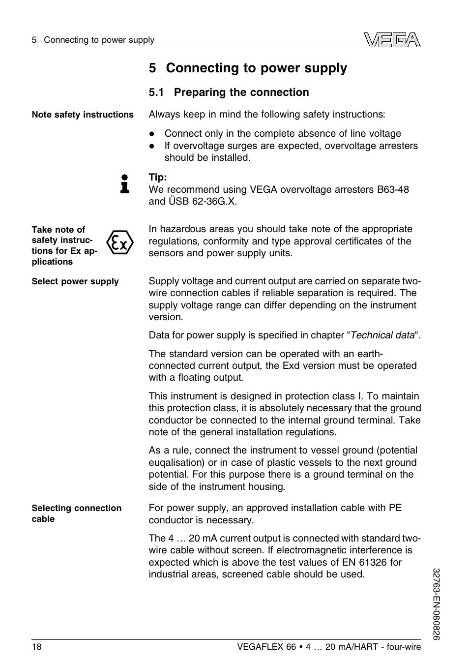 5 connecting to power supply, 1 preparing the connection | VEGA VEGAFLEX 66 (-110…+400°C) 4 … 20 mA_HART - four-wire User Manual | Page 18 / 56