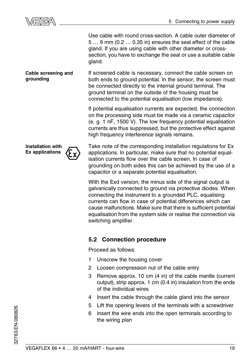 2 connection procedure | VEGA VEGAFLEX 66 (-110…+400°C) 4 … 20 mA_HART - four-wire User Manual | Page 19 / 56