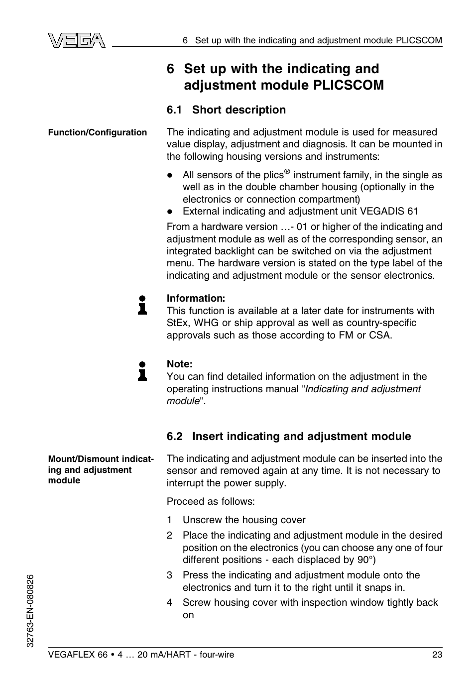 1 short description, 2 insert indicating and adjustment module | VEGA VEGAFLEX 66 (-110…+400°C) 4 … 20 mA_HART - four-wire User Manual | Page 23 / 56