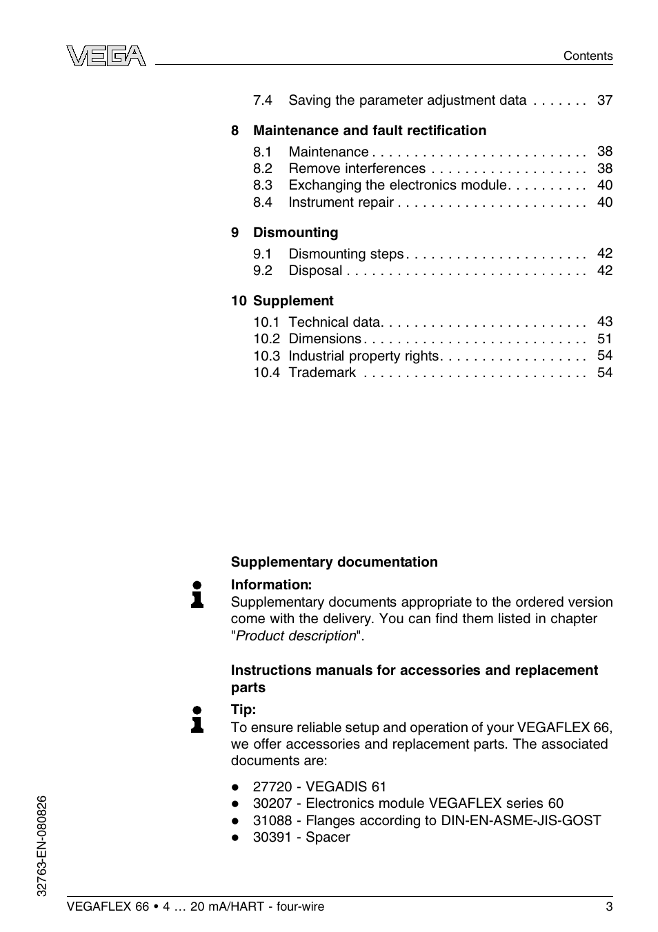 VEGA VEGAFLEX 66 (-110…+400°C) 4 … 20 mA_HART - four-wire User Manual | Page 3 / 56