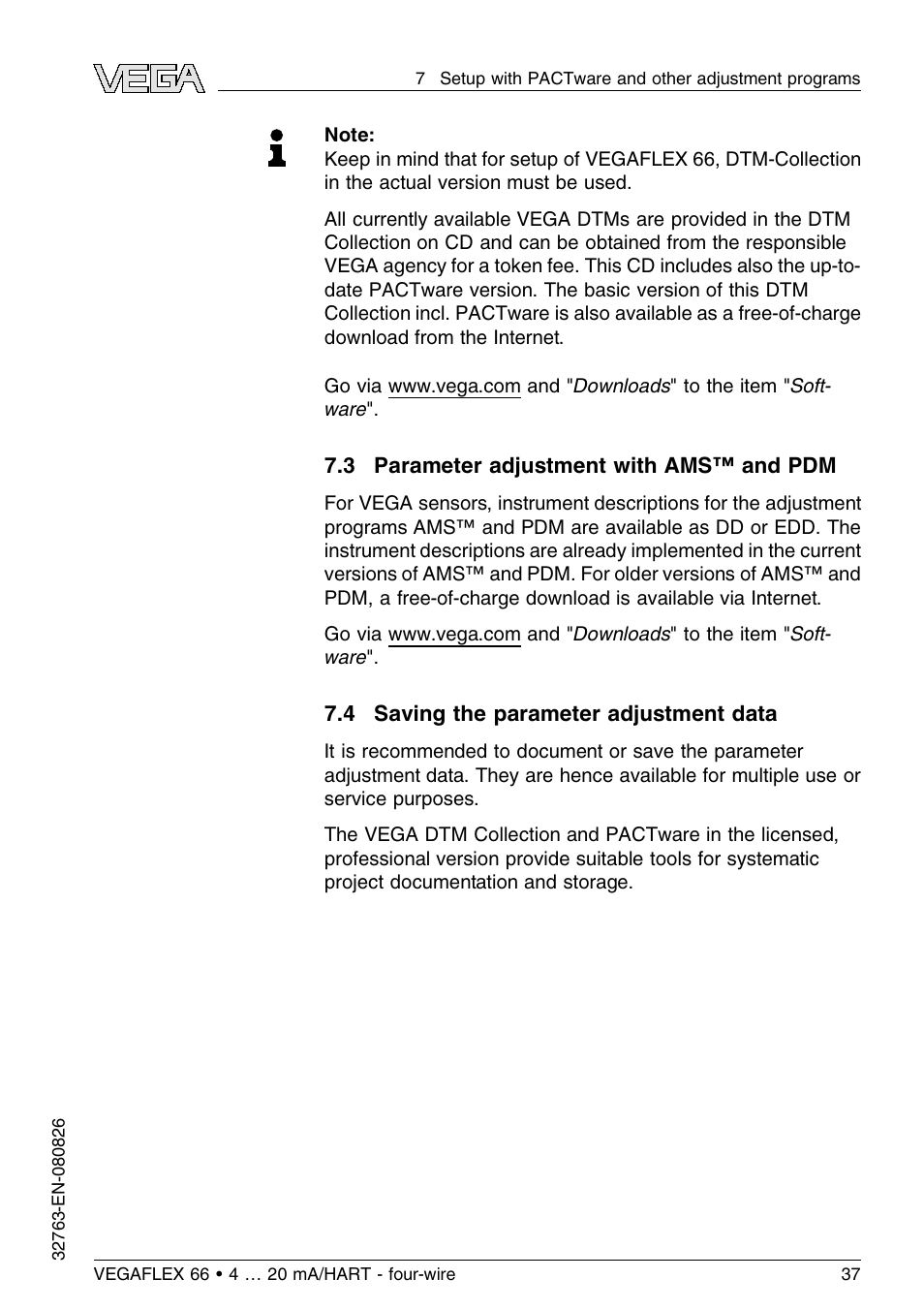 3 parameter adjustment with ams™ and pdm, 4 saving the parameter adjustment data | VEGA VEGAFLEX 66 (-110…+400°C) 4 … 20 mA_HART - four-wire User Manual | Page 37 / 56