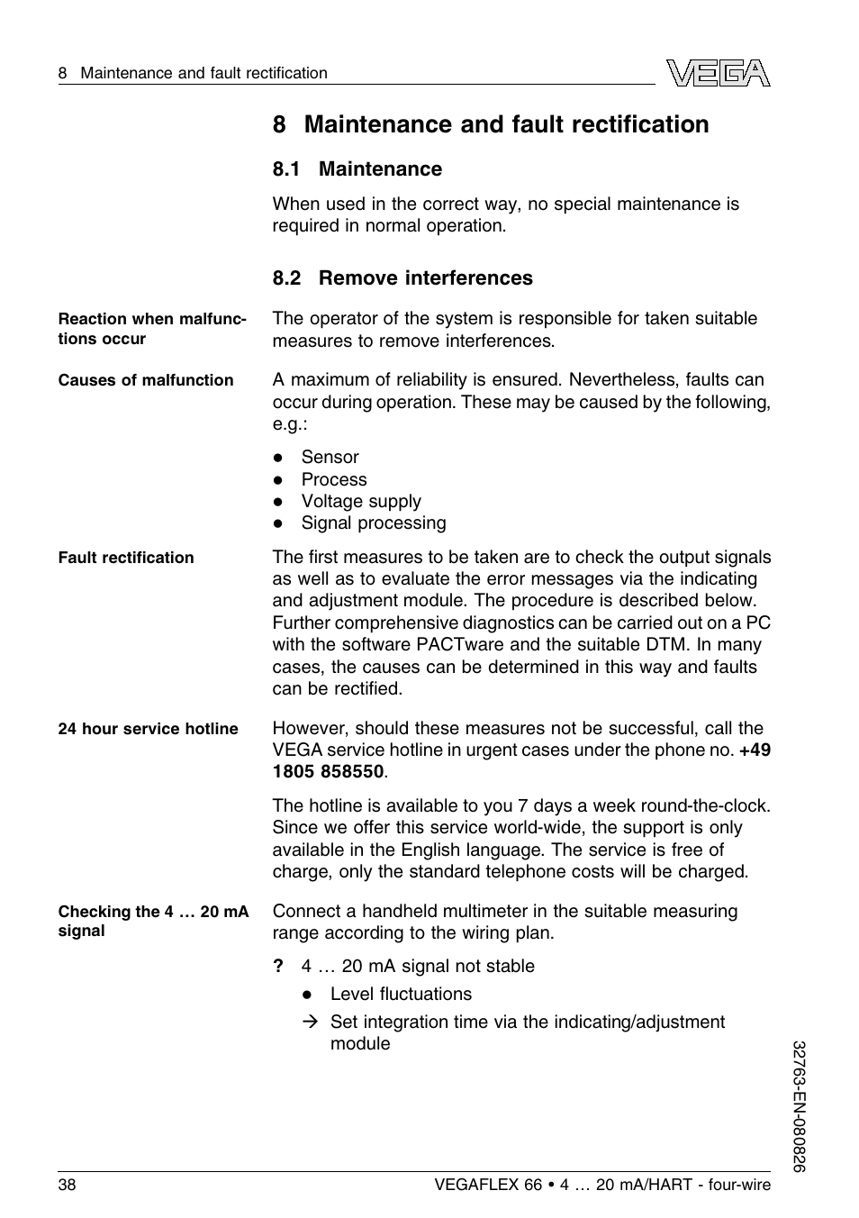 8 maintenance and fault rectification, 1 maintenance, 2 remove interferences | 8 maintenance and fault rectiﬁcation | VEGA VEGAFLEX 66 (-110…+400°C) 4 … 20 mA_HART - four-wire User Manual | Page 38 / 56