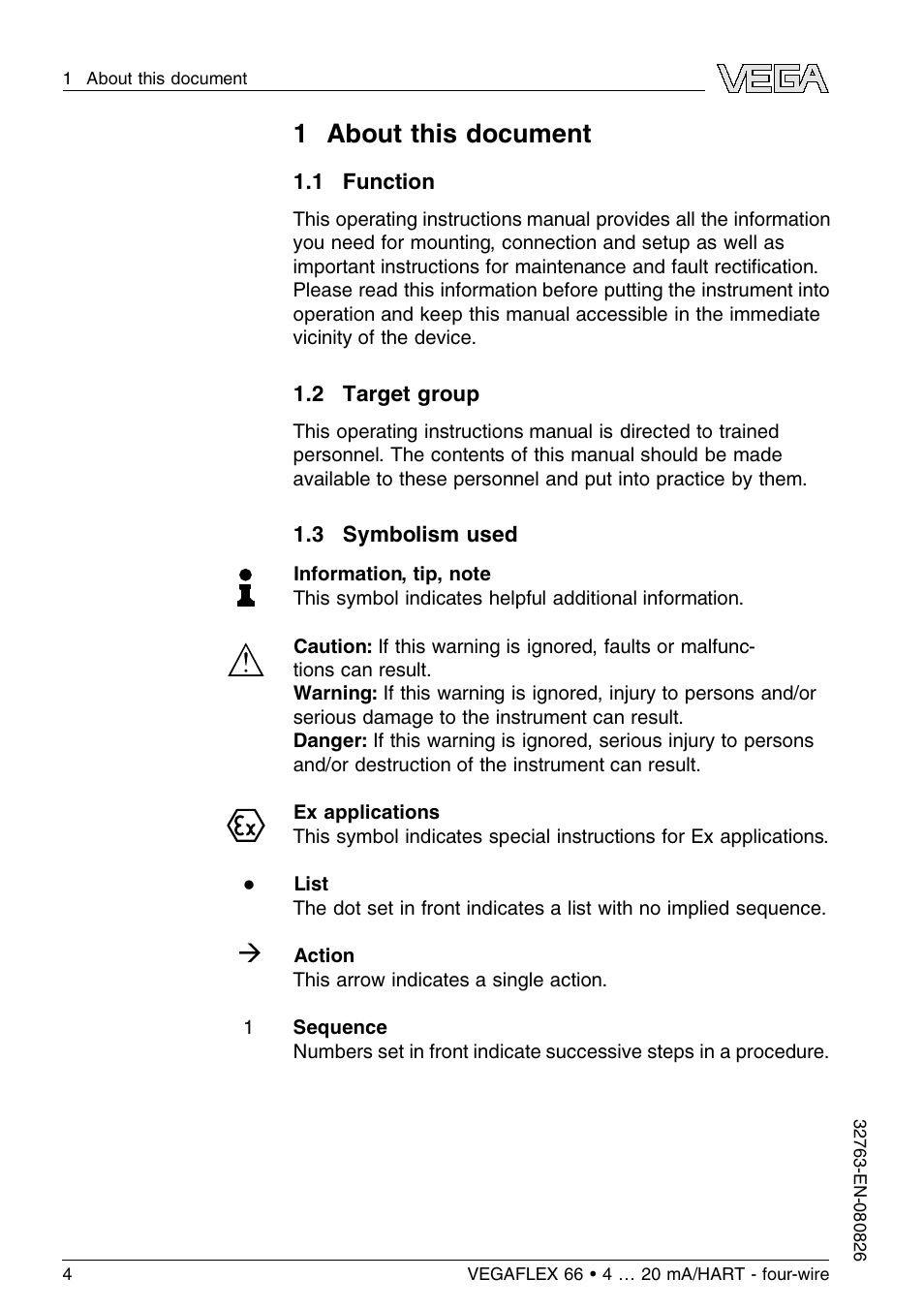 1 about this document, 1 function, 2 target group | 3 symbolism used | VEGA VEGAFLEX 66 (-110…+400°C) 4 … 20 mA_HART - four-wire User Manual | Page 4 / 56