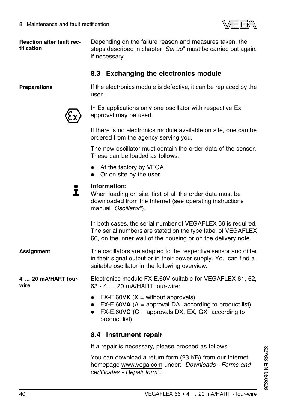 3 exchanging the electronics module, 4 instrument repair | VEGA VEGAFLEX 66 (-110…+400°C) 4 … 20 mA_HART - four-wire User Manual | Page 40 / 56