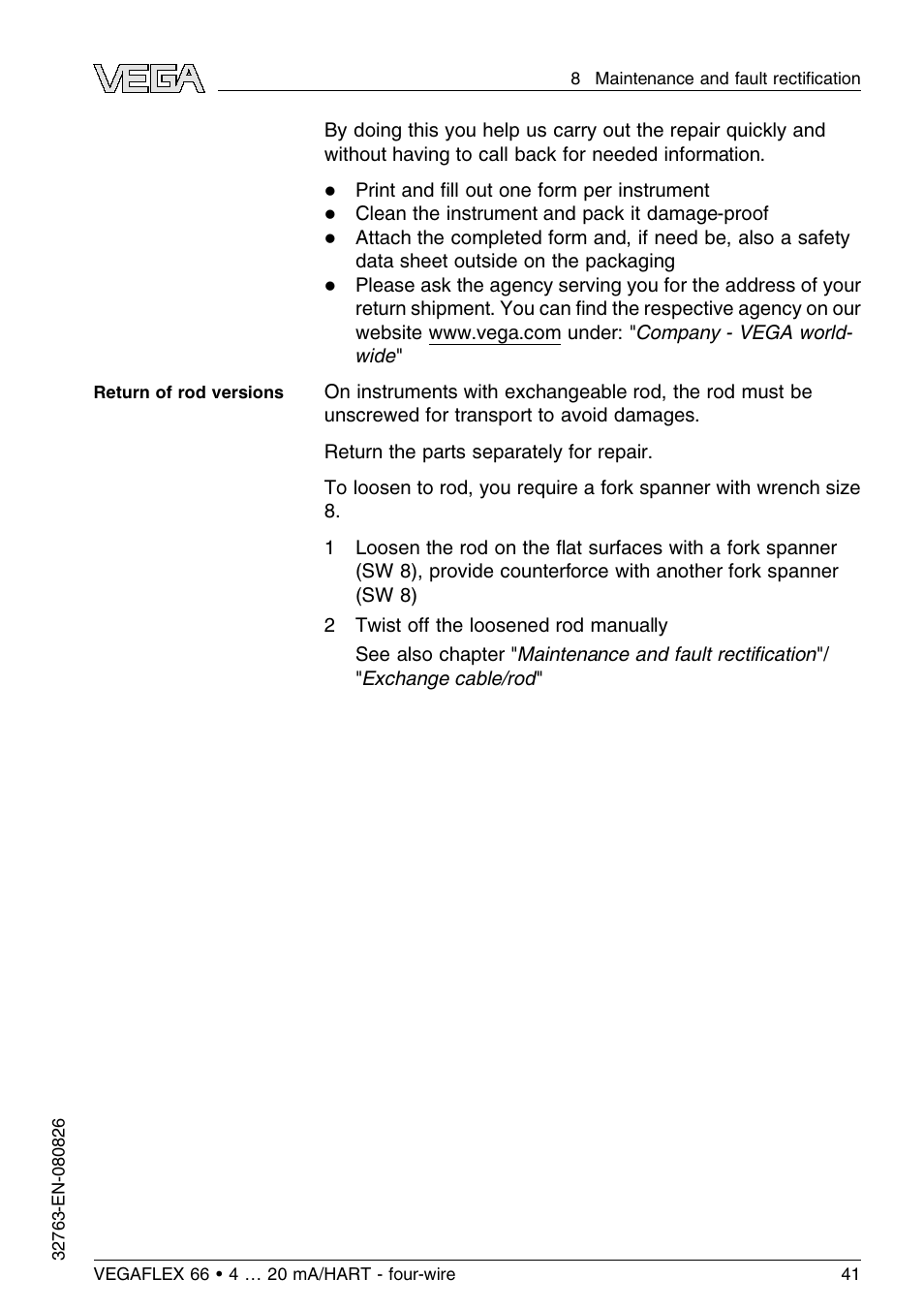 VEGA VEGAFLEX 66 (-110…+400°C) 4 … 20 mA_HART - four-wire User Manual | Page 41 / 56