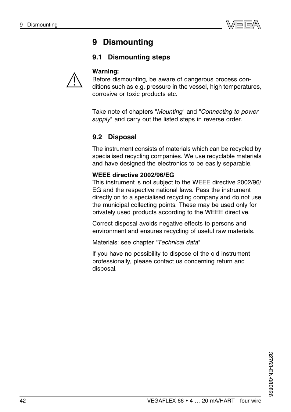 9 dismounting, 1 dismounting steps, 2 disposal | VEGA VEGAFLEX 66 (-110…+400°C) 4 … 20 mA_HART - four-wire User Manual | Page 42 / 56