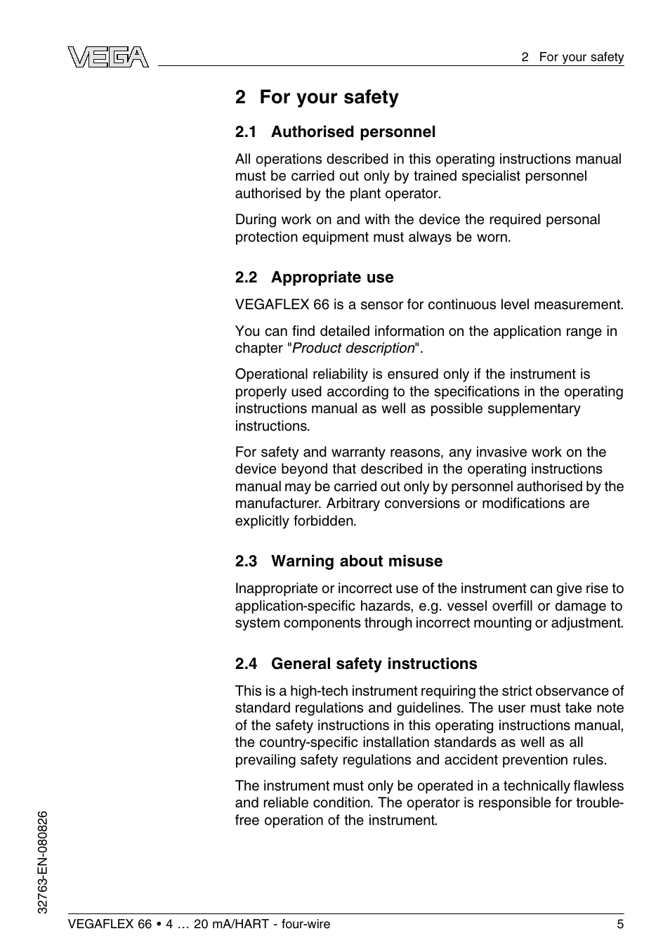 2 for your safety, 1 authorised personnel, 2 appropriate use | 3 warning about misuse, 4 general safety instructions | VEGA VEGAFLEX 66 (-110…+400°C) 4 … 20 mA_HART - four-wire User Manual | Page 5 / 56