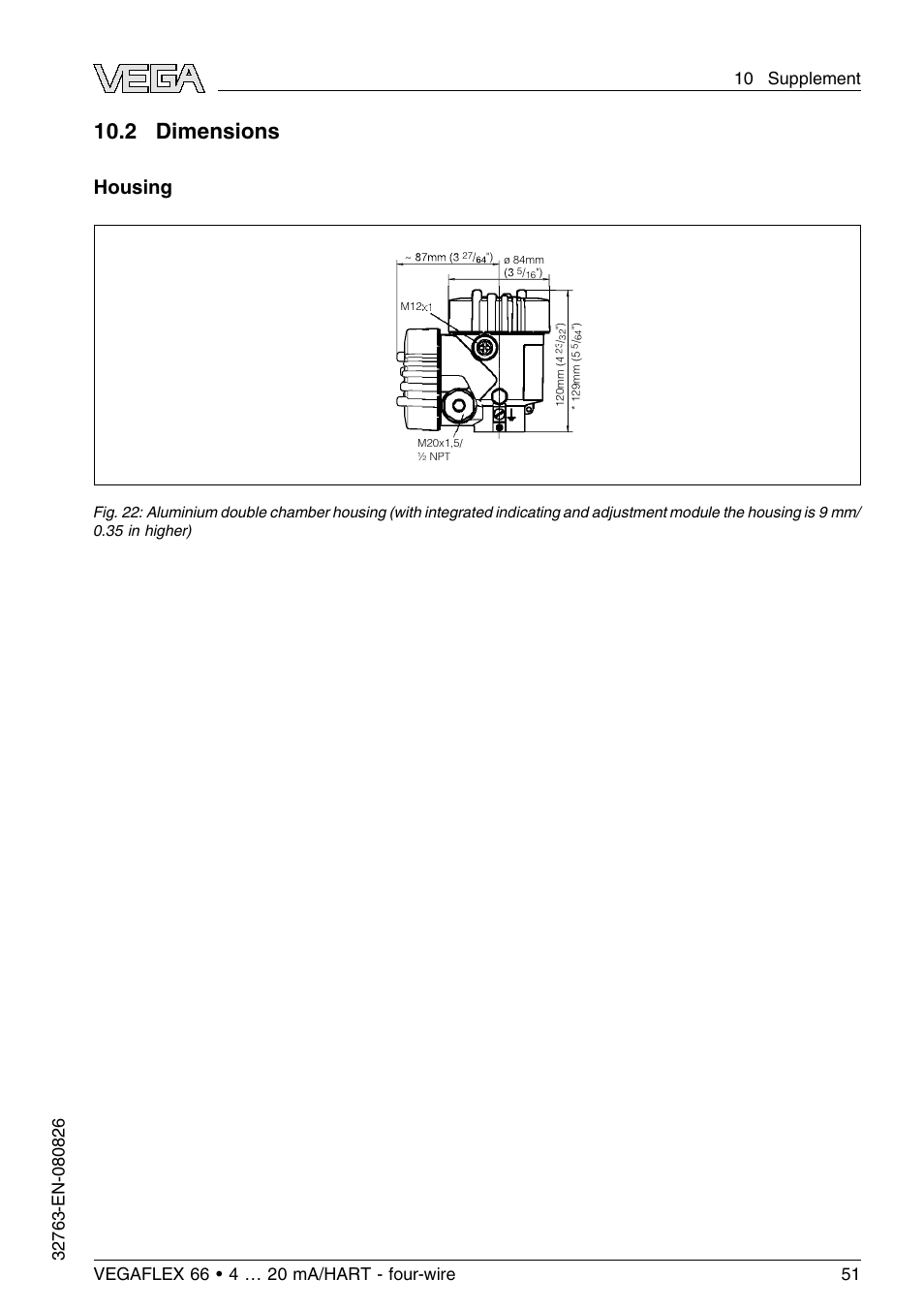 2 dimensions, Housing | VEGA VEGAFLEX 66 (-110…+400°C) 4 … 20 mA_HART - four-wire User Manual | Page 51 / 56