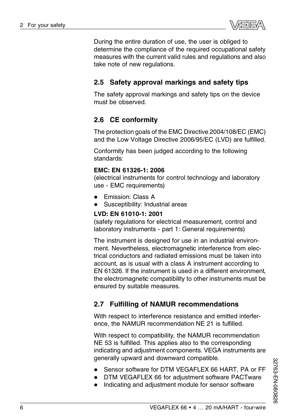 5 safety approval markings and safety tips, 6 ce conformity, 7 fulfilling of namur recommendations | VEGA VEGAFLEX 66 (-110…+400°C) 4 … 20 mA_HART - four-wire User Manual | Page 6 / 56
