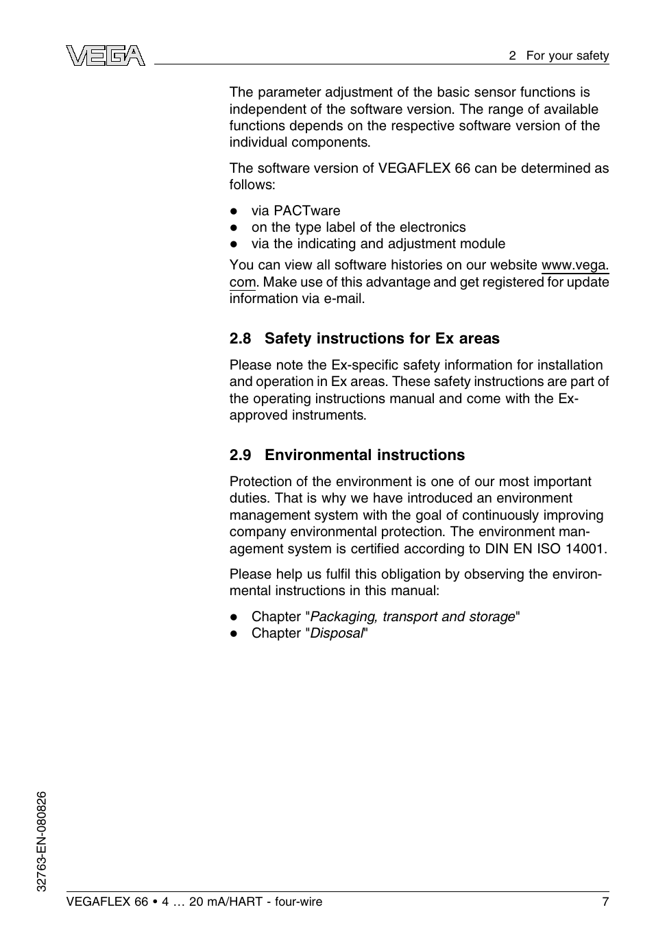 8 safety instructions for ex areas, 9 environmental instructions | VEGA VEGAFLEX 66 (-110…+400°C) 4 … 20 mA_HART - four-wire User Manual | Page 7 / 56