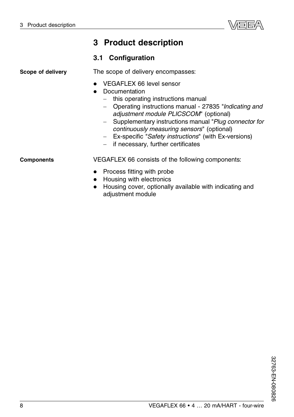 3 product description, 1 configuration | VEGA VEGAFLEX 66 (-110…+400°C) 4 … 20 mA_HART - four-wire User Manual | Page 8 / 56