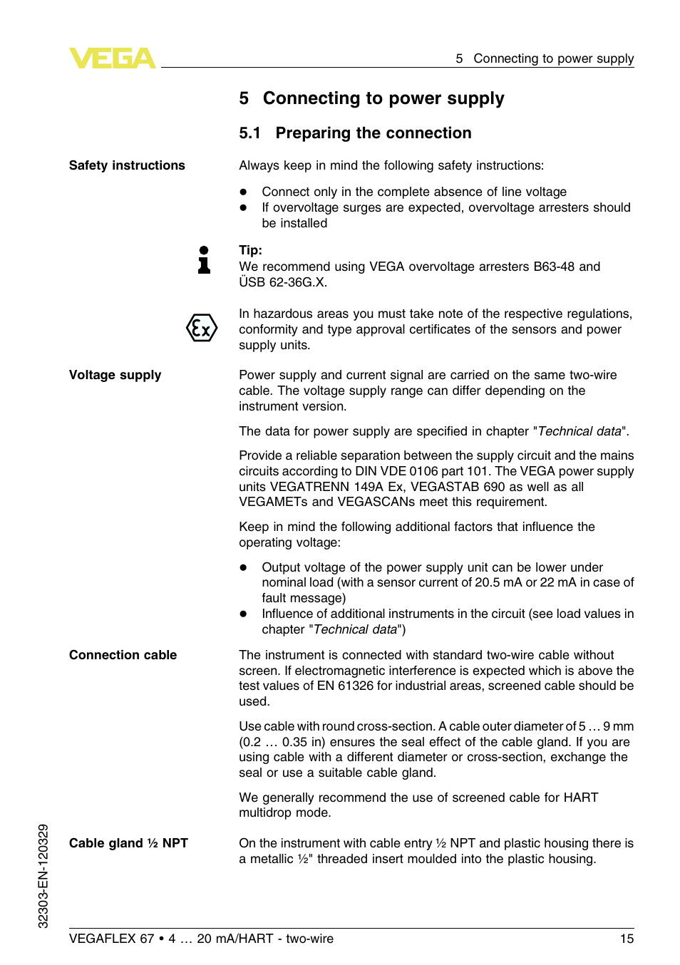 5 connecting to power supply, 1 preparing the connection, 5connecting to power supply | VEGA VEGAFLEX 67 (-40…+150°C PFA insulated) 4 … 20 mA_HART two-wire User Manual | Page 15 / 60