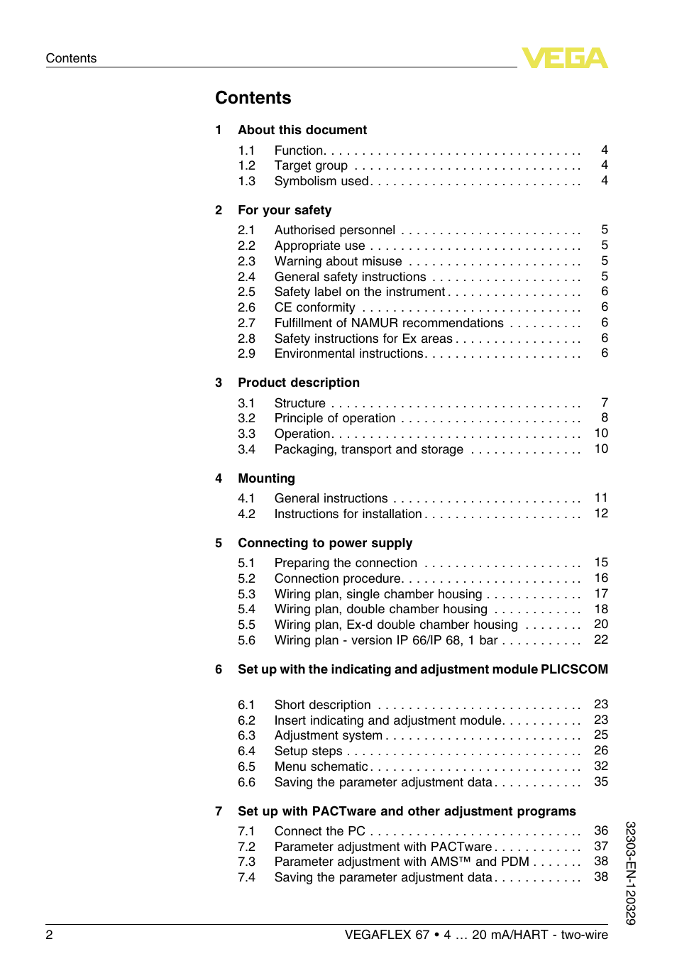 VEGA VEGAFLEX 67 (-40…+150°C PFA insulated) 4 … 20 mA_HART two-wire User Manual | Page 2 / 60