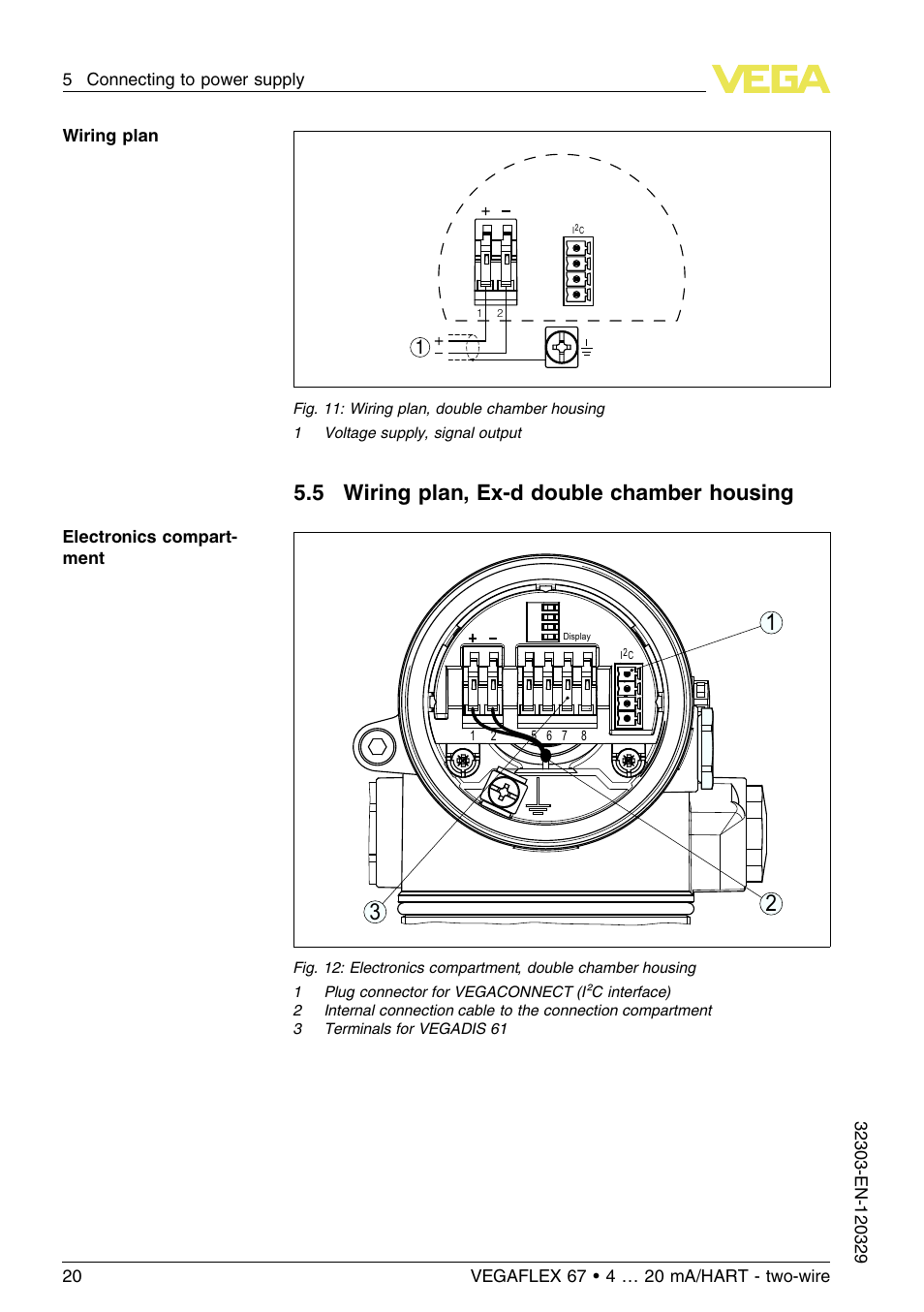 5 wiring plan, ex–d double chamber housing, 5 wiring plan, ex-d double chamber housing | VEGA VEGAFLEX 67 (-40…+150°C PFA insulated) 4 … 20 mA_HART two-wire User Manual | Page 20 / 60