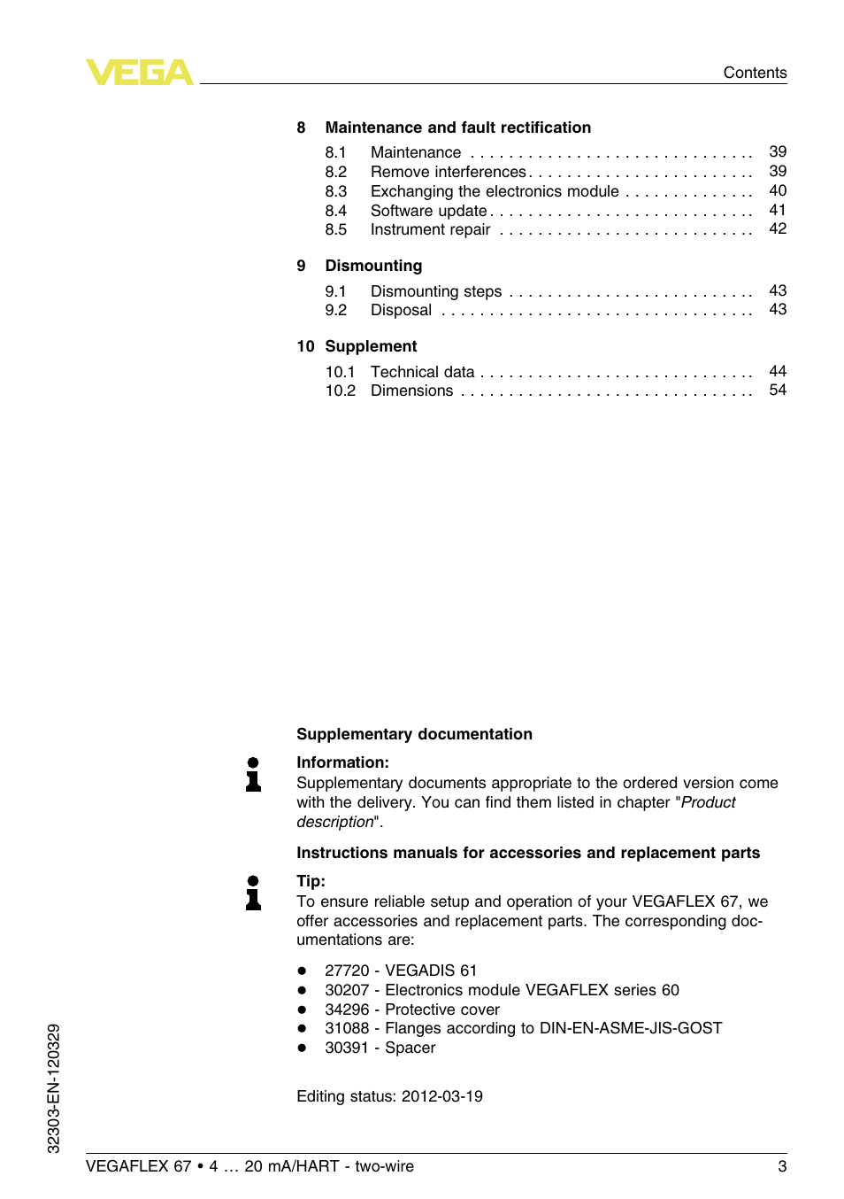 VEGA VEGAFLEX 67 (-40…+150°C PFA insulated) 4 … 20 mA_HART two-wire User Manual | Page 3 / 60