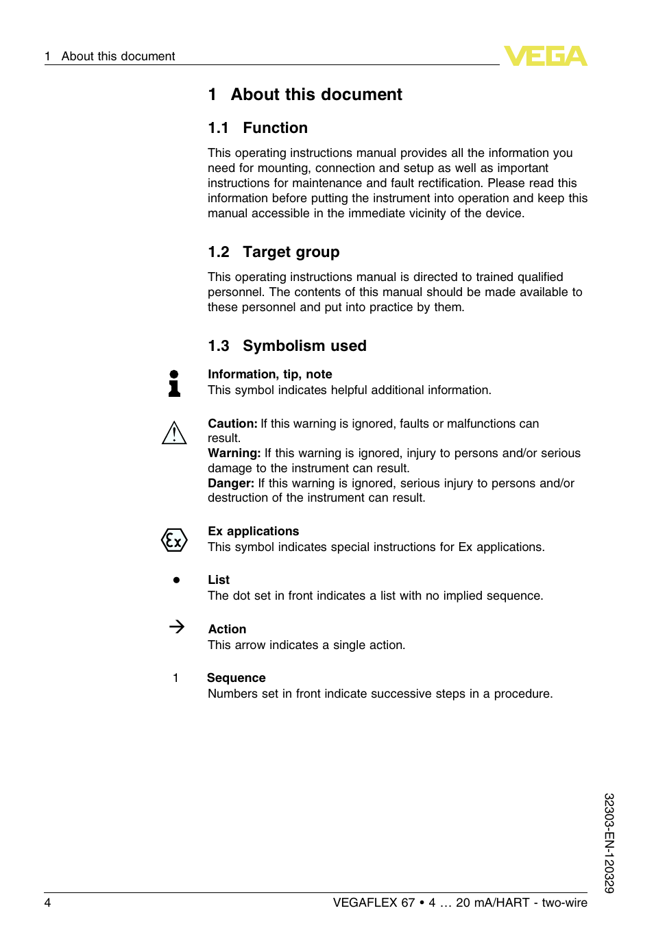 3 symbolism used, 1about this document | VEGA VEGAFLEX 67 (-40…+150°C PFA insulated) 4 … 20 mA_HART two-wire User Manual | Page 4 / 60