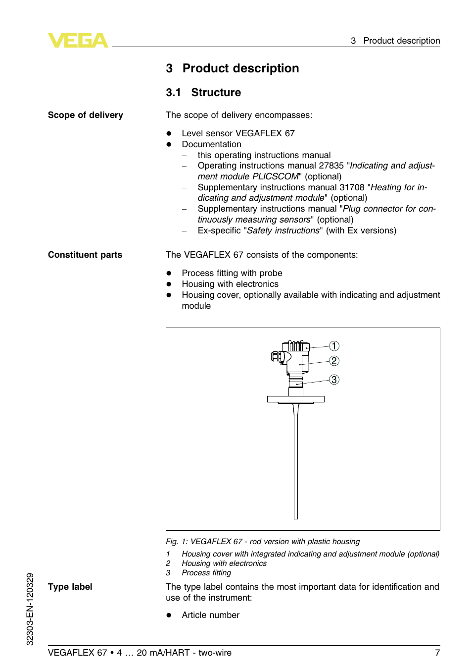 3 product description, 1 structure, 3product description | VEGA VEGAFLEX 67 (-40…+150°C PFA insulated) 4 … 20 mA_HART two-wire User Manual | Page 7 / 60