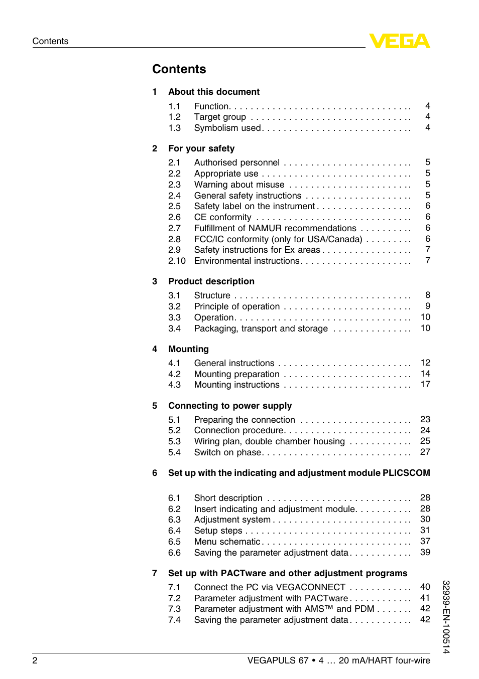 VEGA VEGAPULS 67 (≥ 2.0.0 - ≤ 3.8) 4 … 20 mA_HART four-wire User Manual | Page 2 / 60