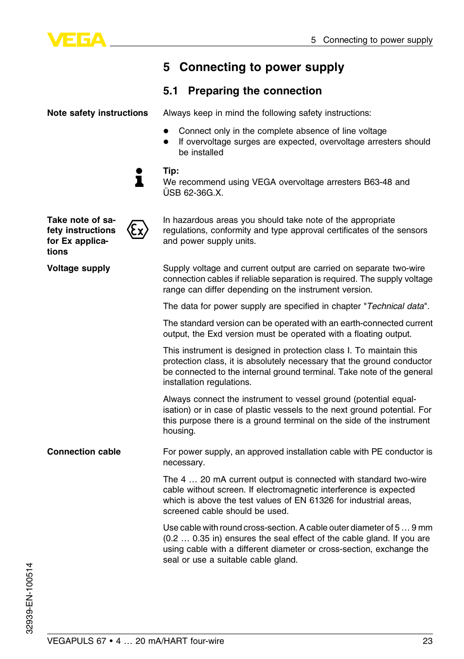 5 connecting to power supply, 1 preparing the connection, 5connecting to power supply | VEGA VEGAPULS 67 (≥ 2.0.0 - ≤ 3.8) 4 … 20 mA_HART four-wire User Manual | Page 23 / 60